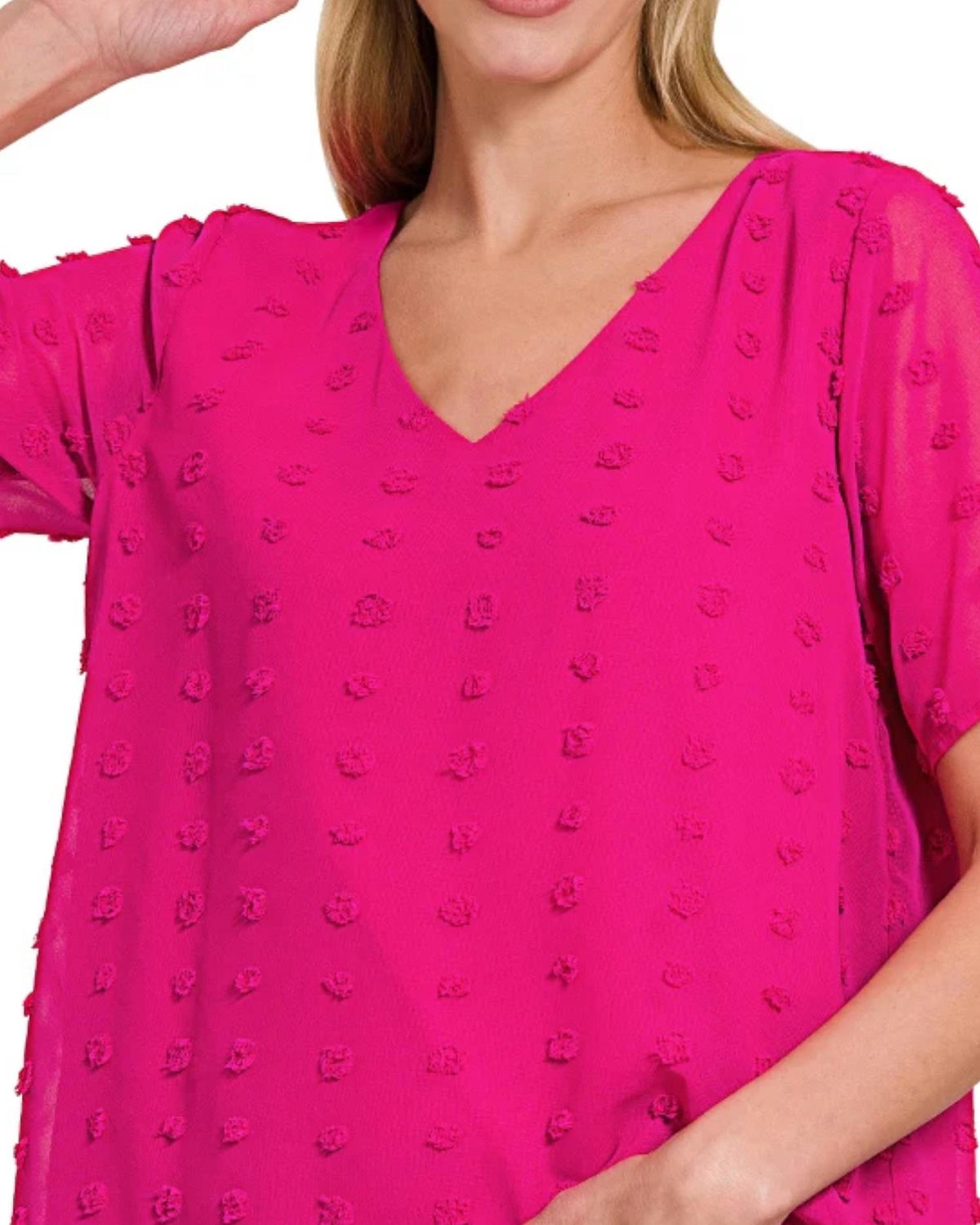Swiss Dot V-Neck Top In Hot Pink