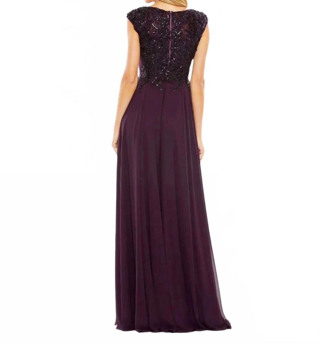 Cap Sleeve Applique Bodice Flowy Gown In Aubergine