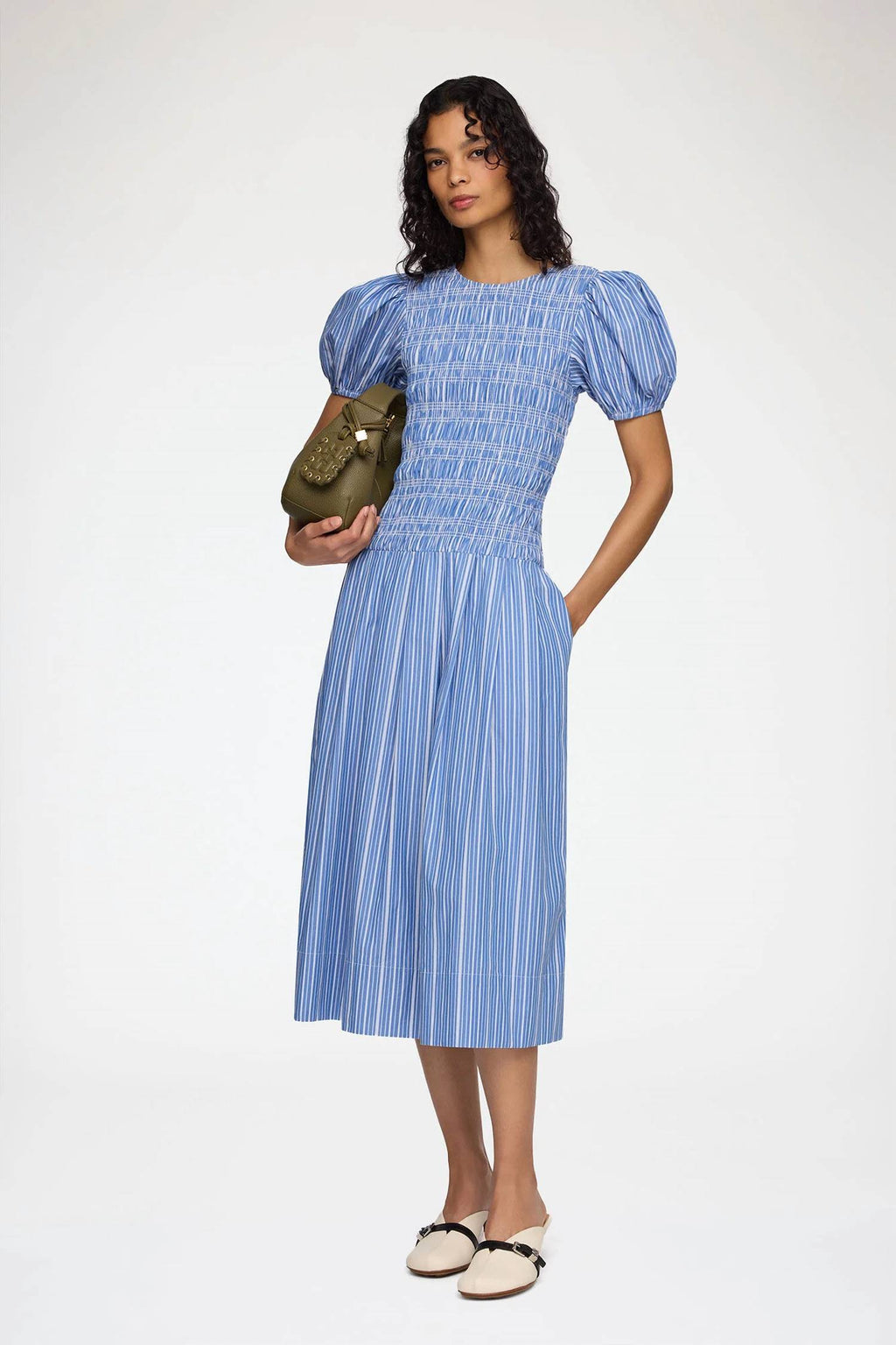 Stripe Cotton Long Smocked Pleated Dress In Nouvean Navy
