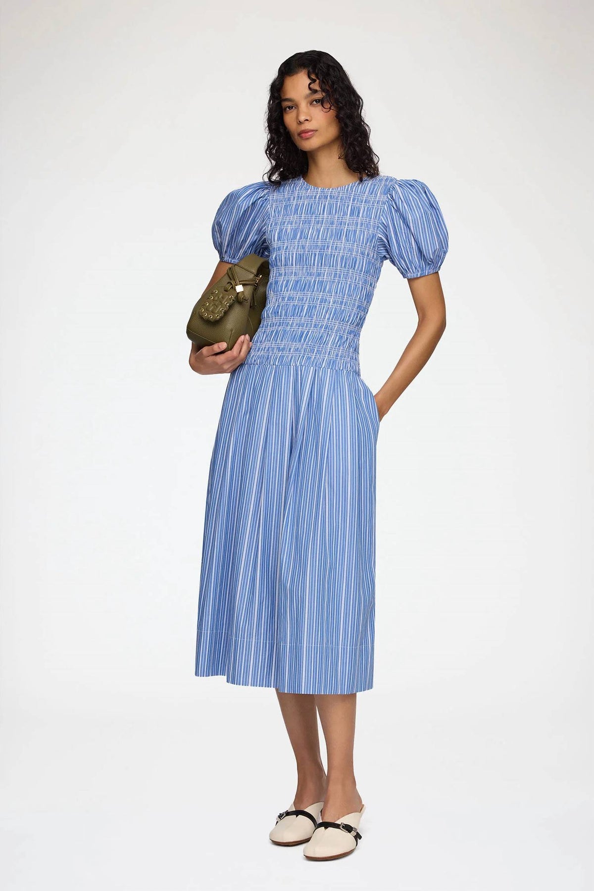 Stripe Cotton Long Smocked Pleated Dress In Nouvean Navy
