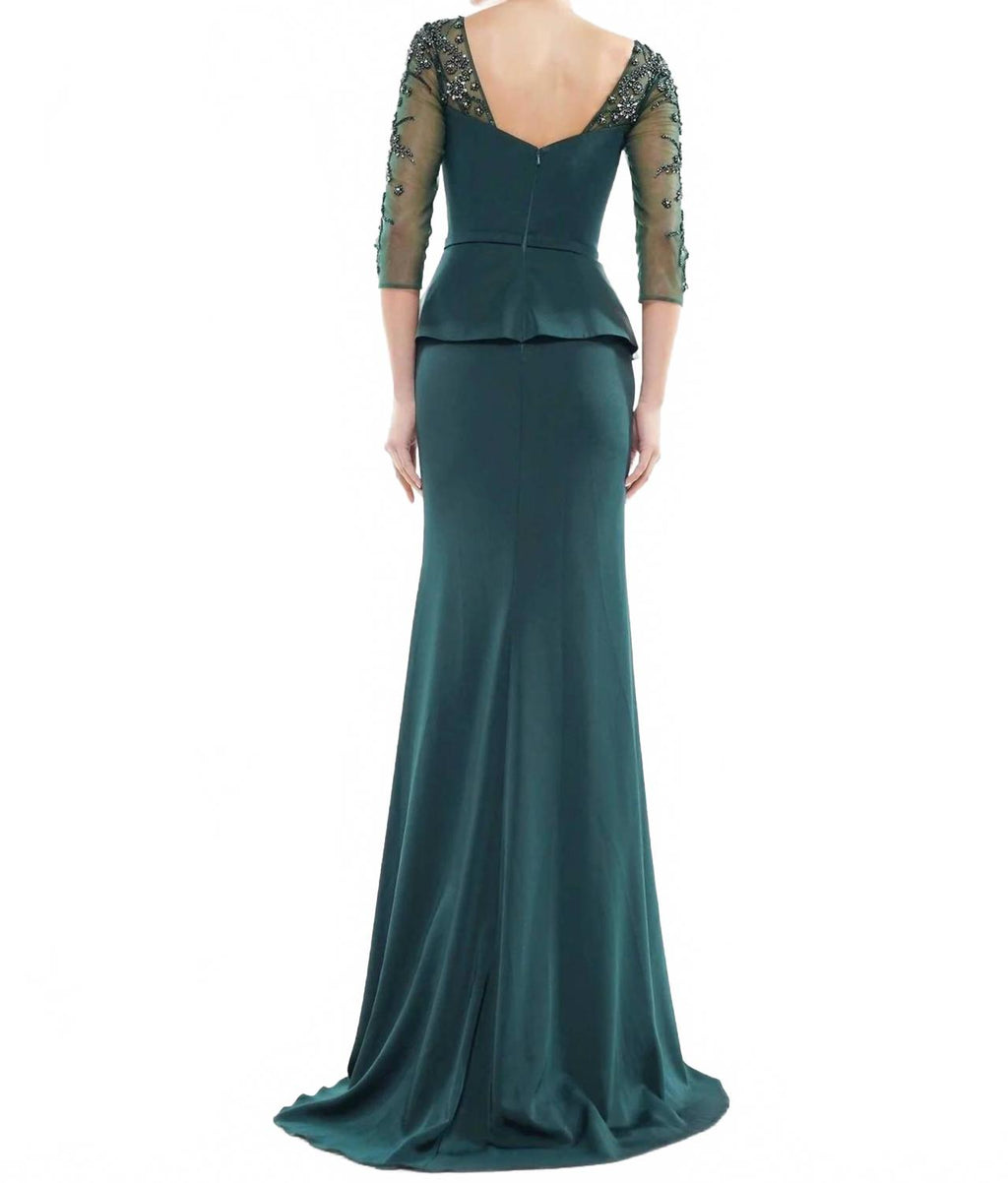 Quarter Sleeve Peplum Formal Maxi Dress In Deep Green