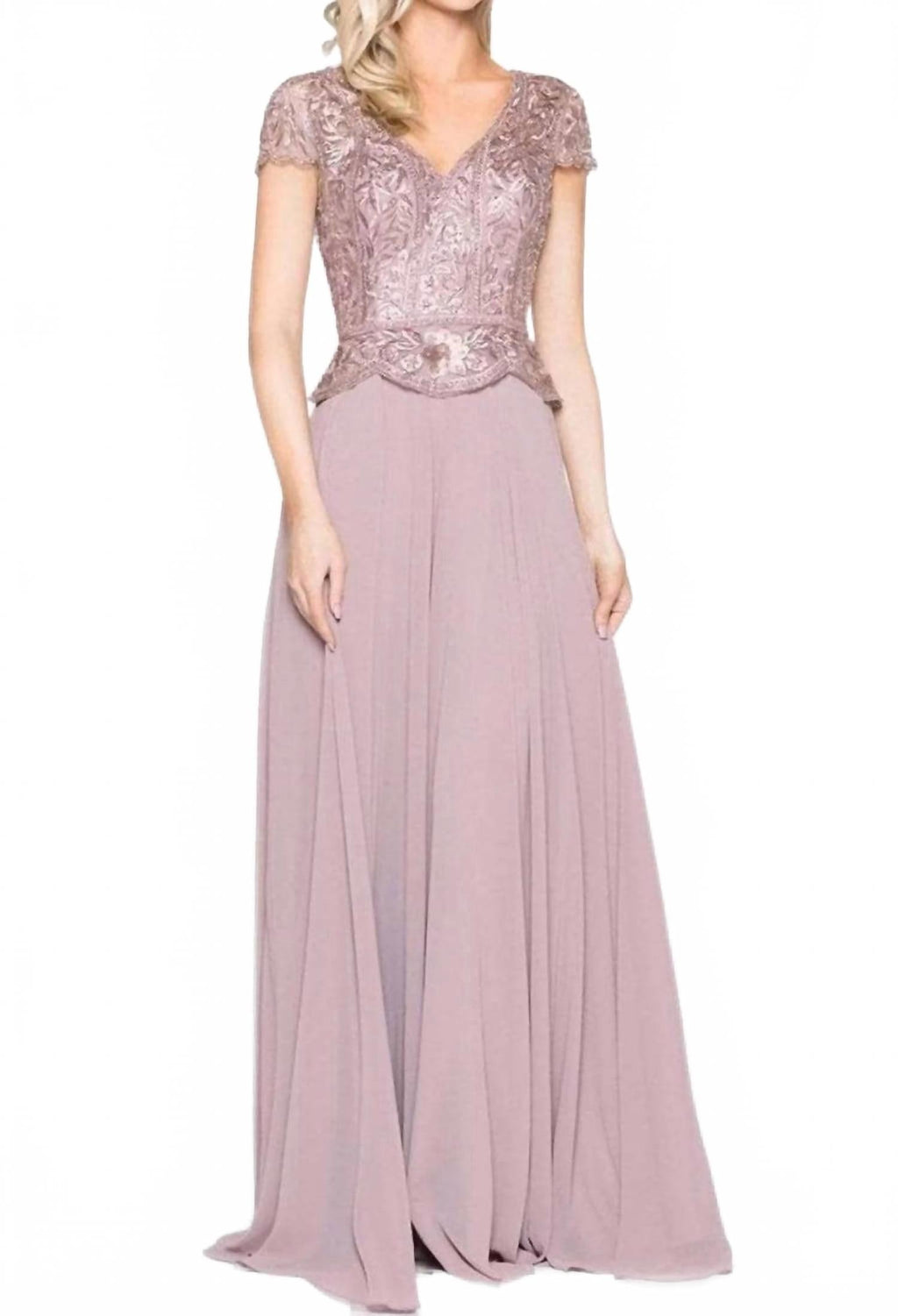 Embroidered Peplum Formal Gown In Mauve