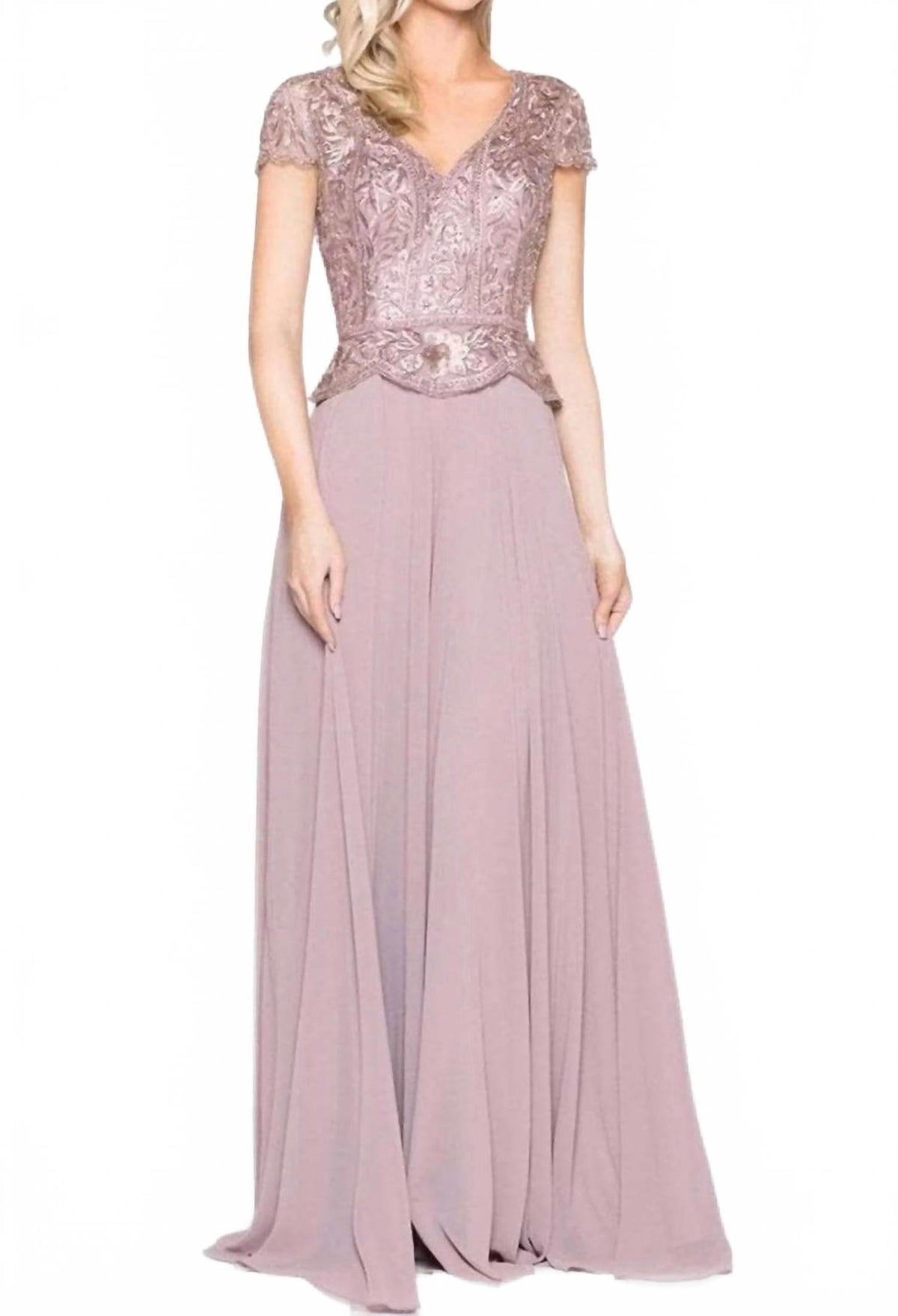 Embroidered Peplum Formal Gown In Mauve