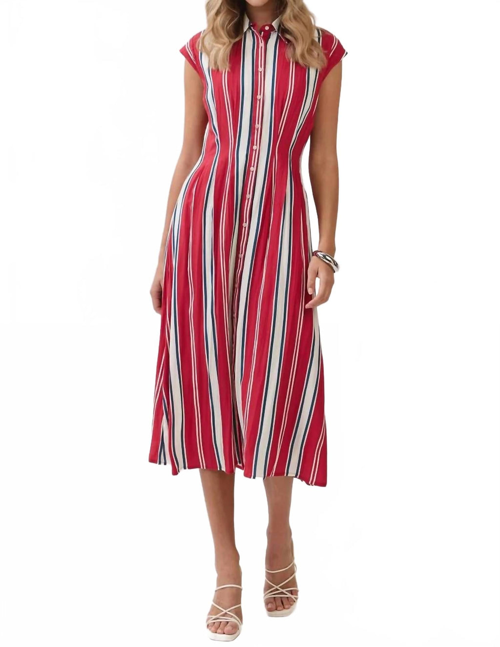 Stripe Button Down Midi Dress In Red/blue/white