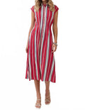 Stripe Button Down Midi Dress In Red/blue/white