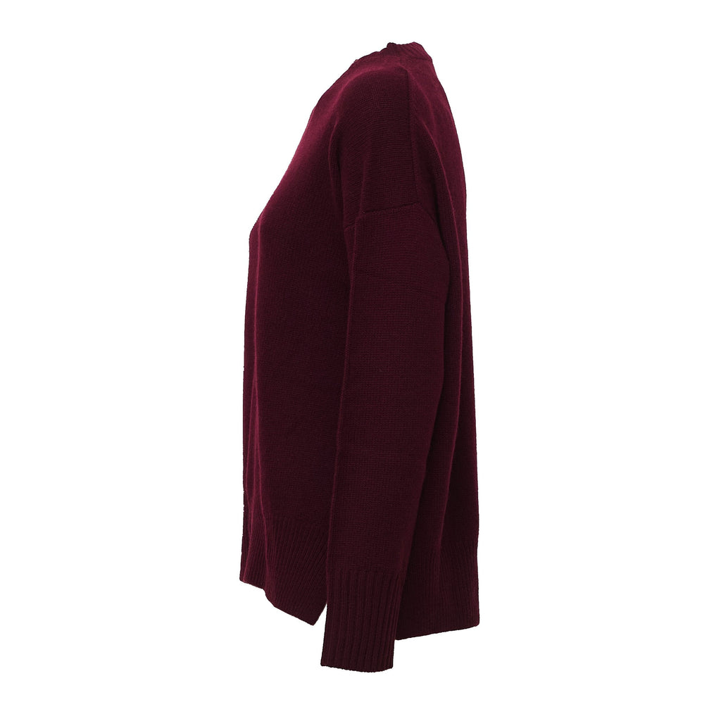 Burgundy Cashmere Ribbed Detail Crewneck Sweater