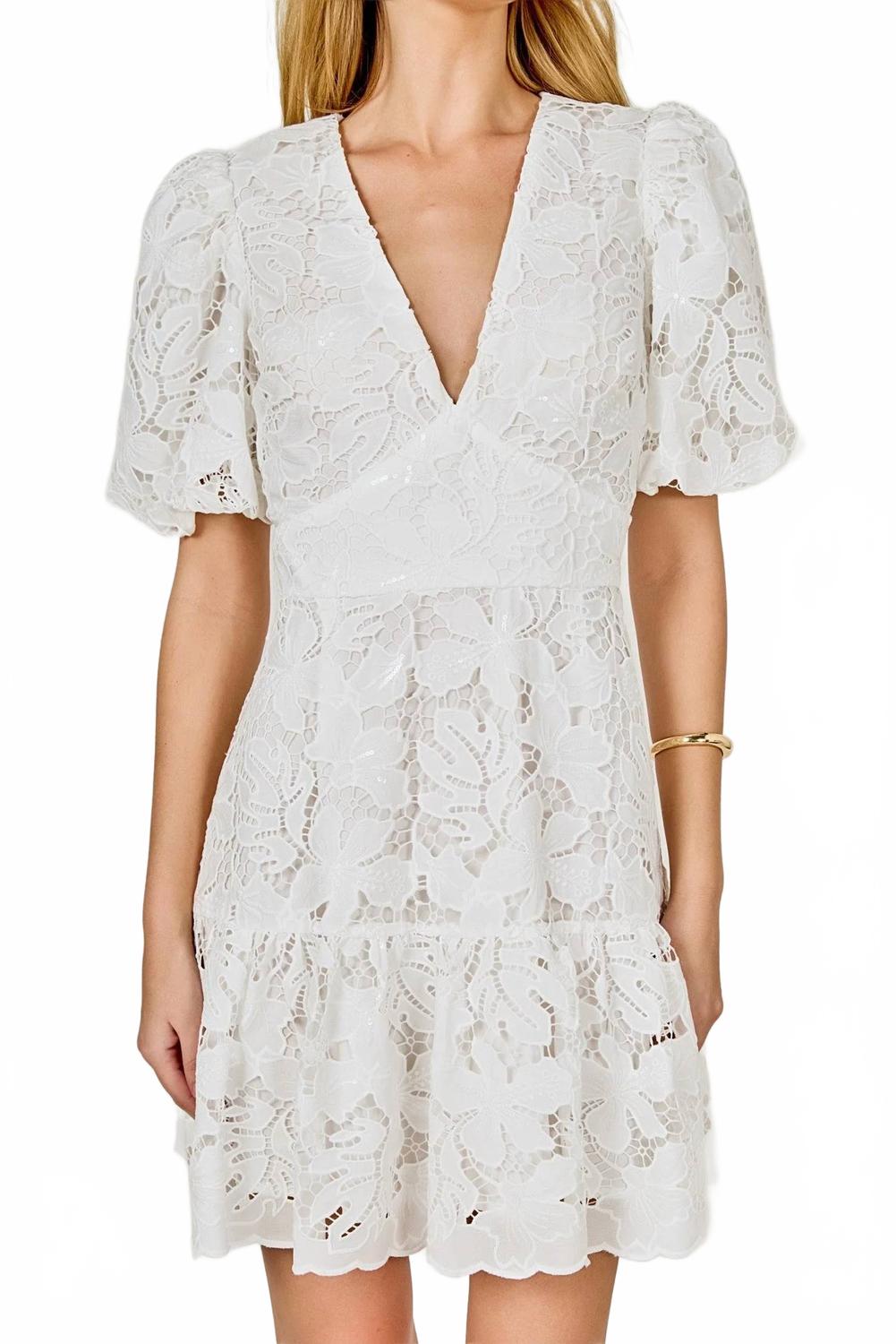 Sequins Lace Mini Dress With Blouson Sleeves In White