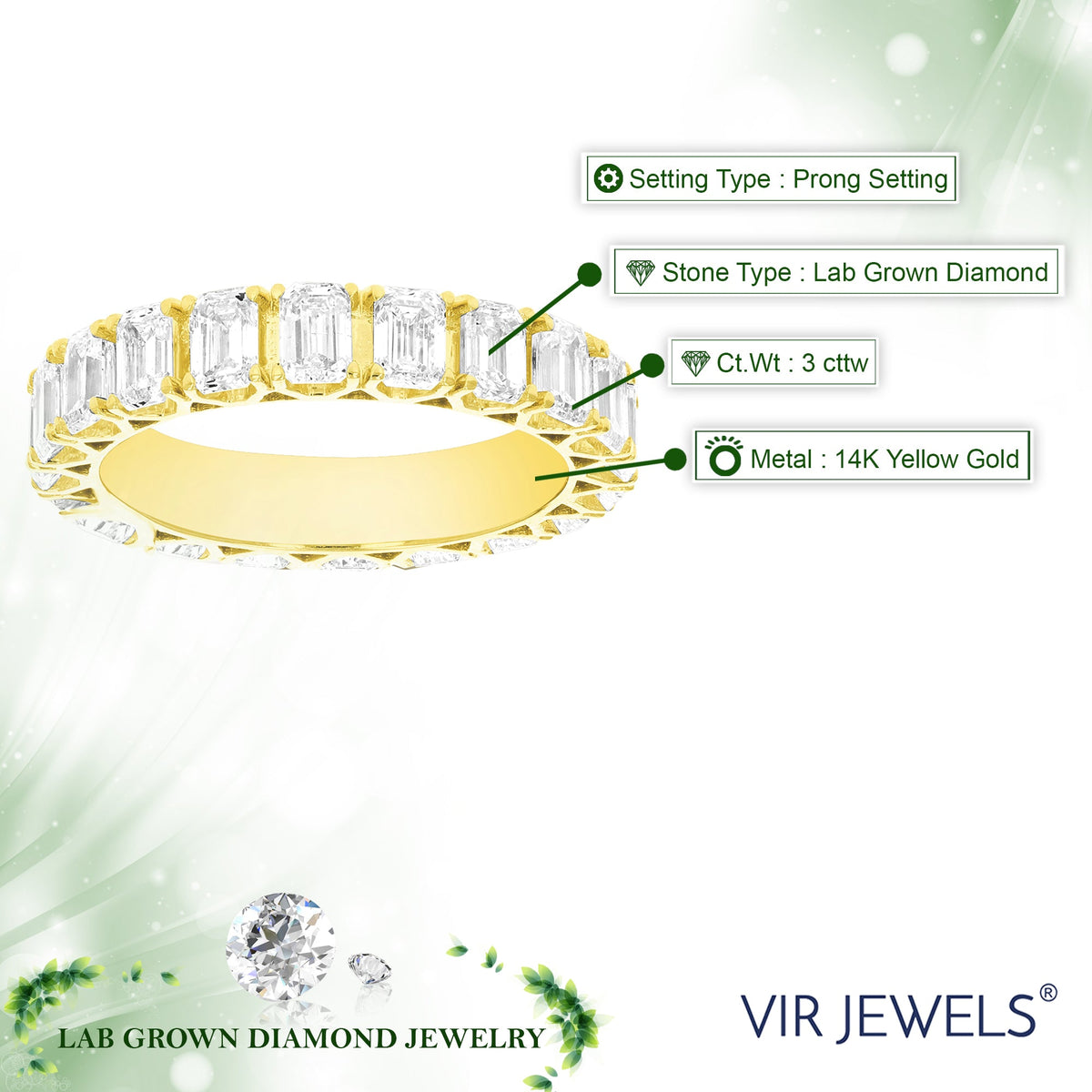 3 cttw Emerald Lab Grown Diamond Eternity Ring Wedding Band in 14K Yellow Gold For Women
