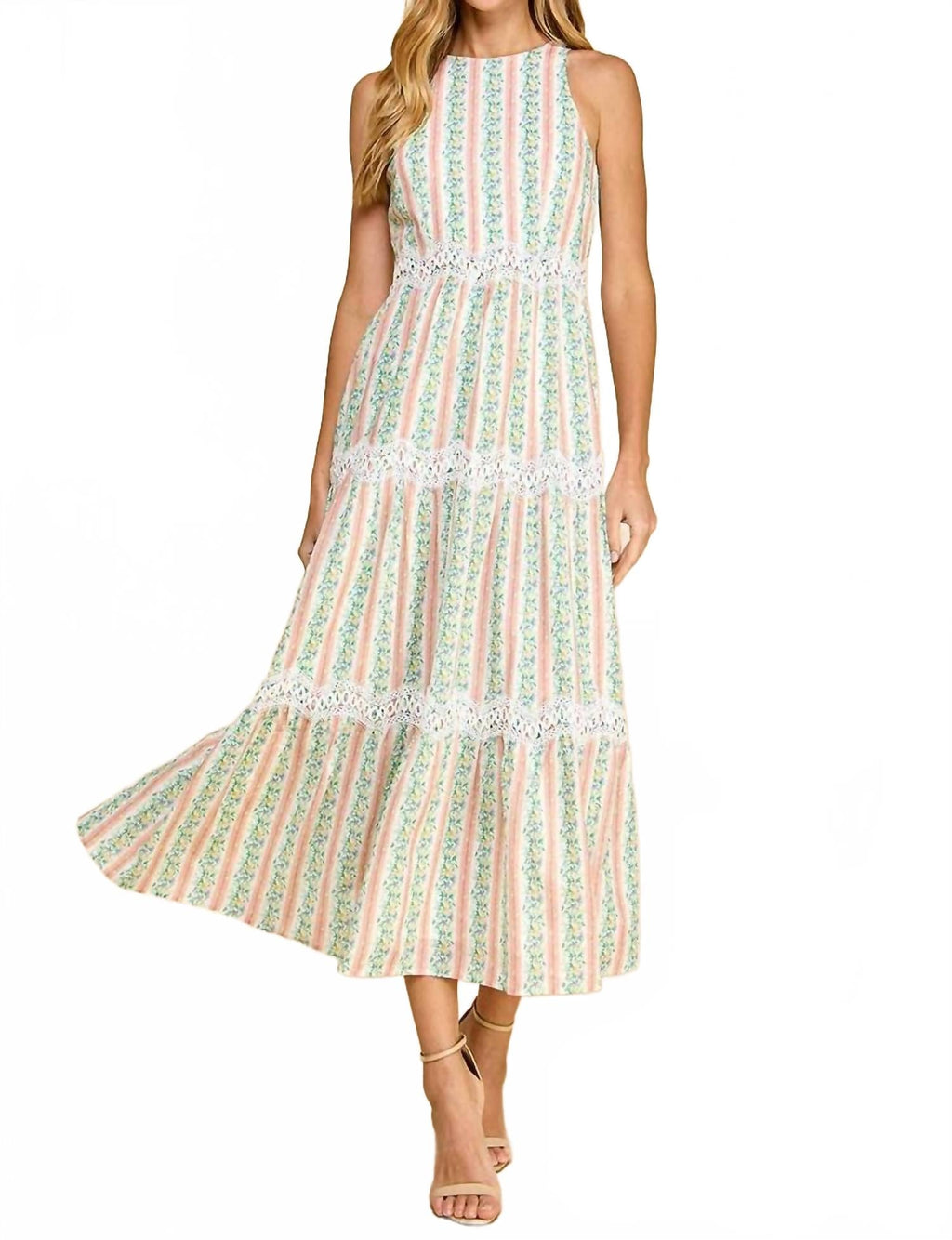 Floral Stripe Scallop Lace Midi Dress In Peach