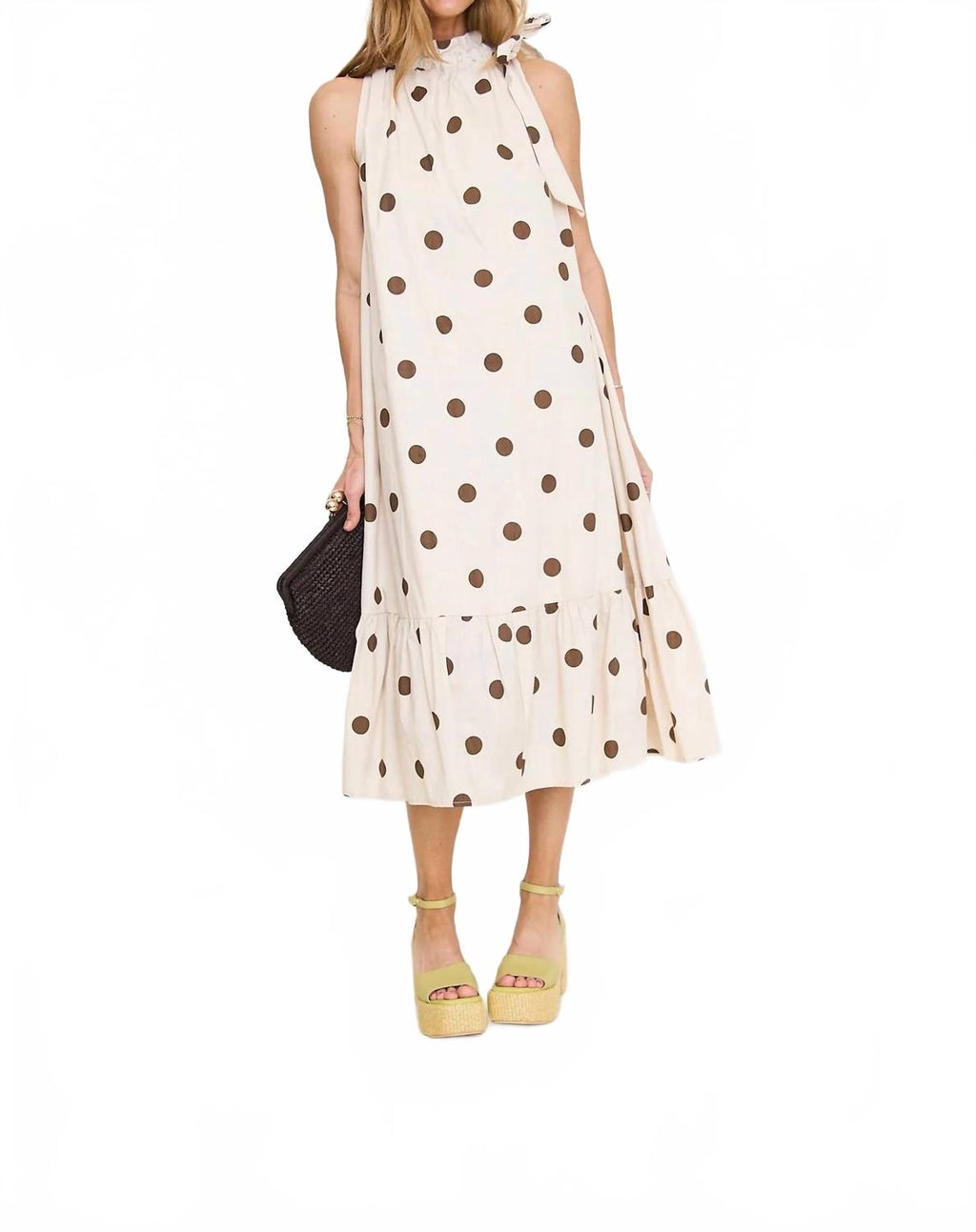 Ruffle Neck Tie Sleeveless Midi Dress In Brown