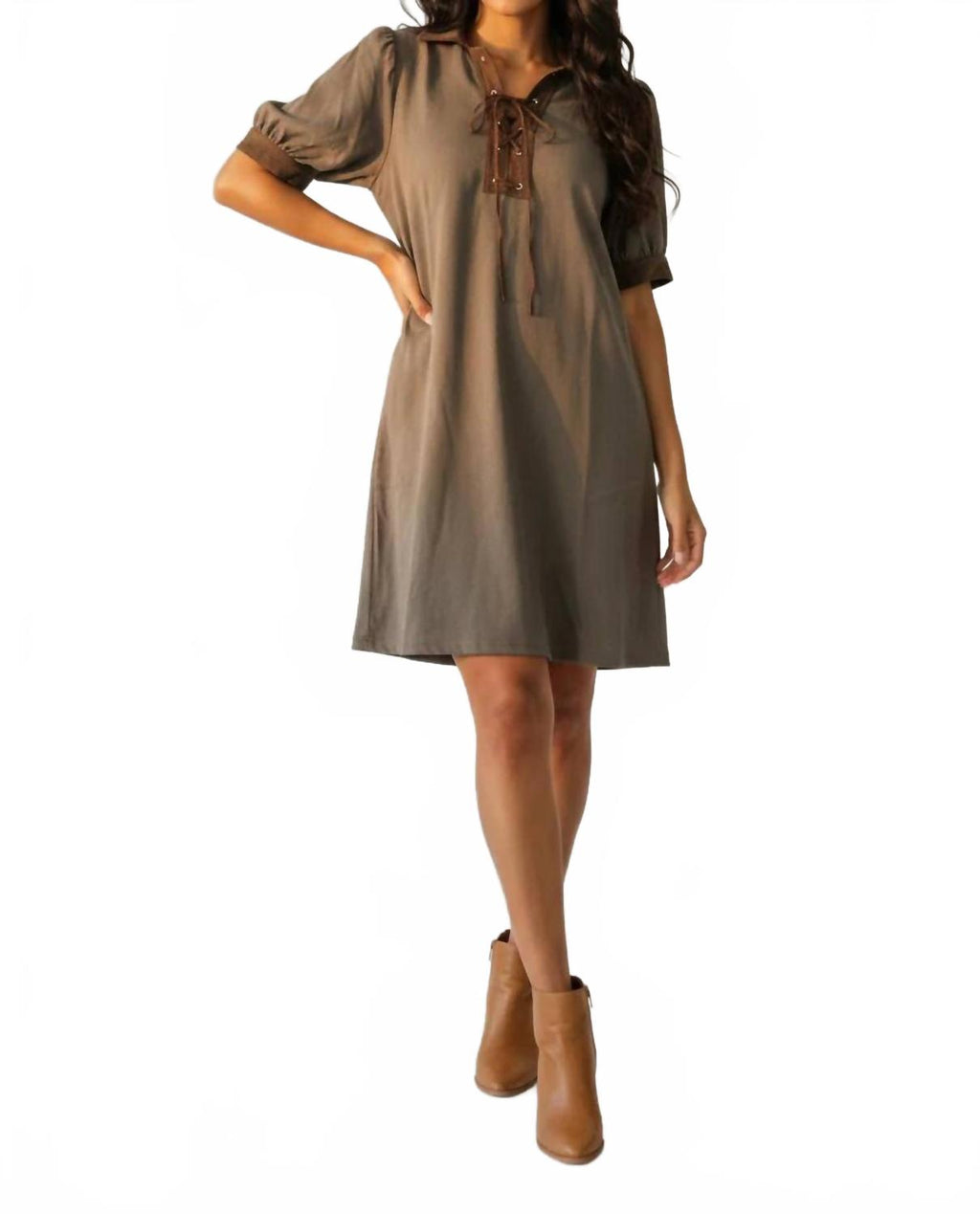 Puff Sleeve Contrast Neck Lace Up Brushed Twill Mini Dress In Mocha
