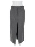 Knee-Length Tailored Grey Virgin Wool-Blend Skirt