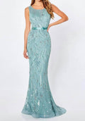 Sleeveless Beaded Evening Gown In Sage