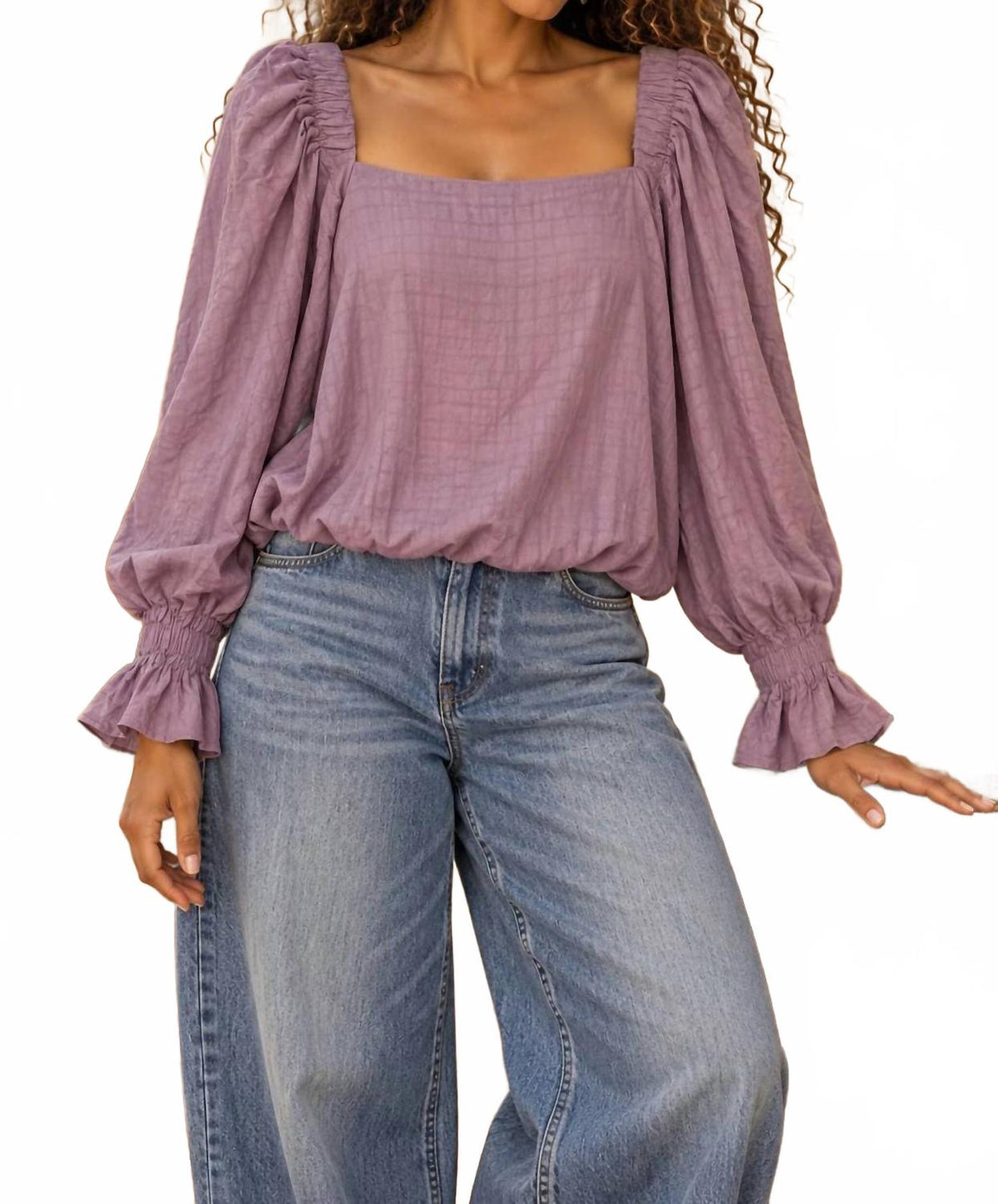Square Neck Balloon Sleeve Boho Top In Lilac