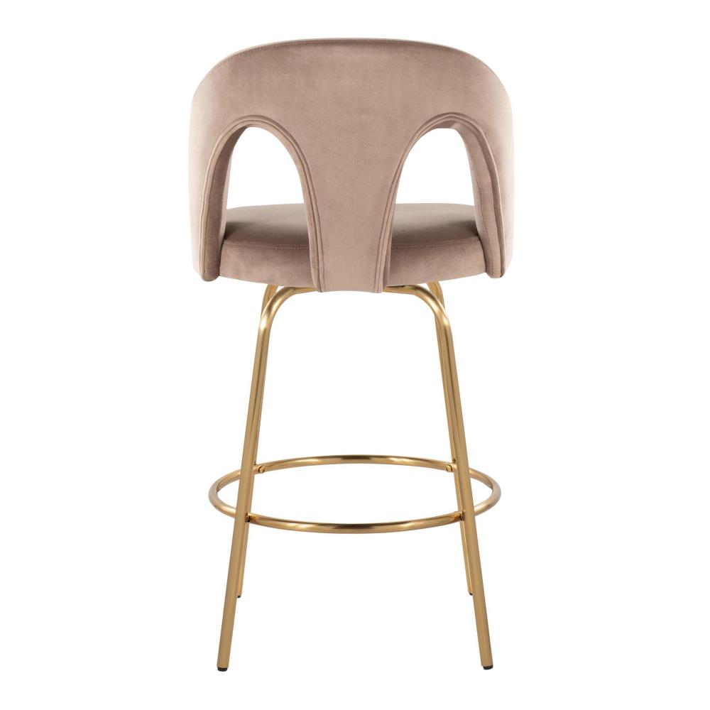 Set of 2 Contemporary Counter Stools with Velvet Upholstery and Circular Footrests