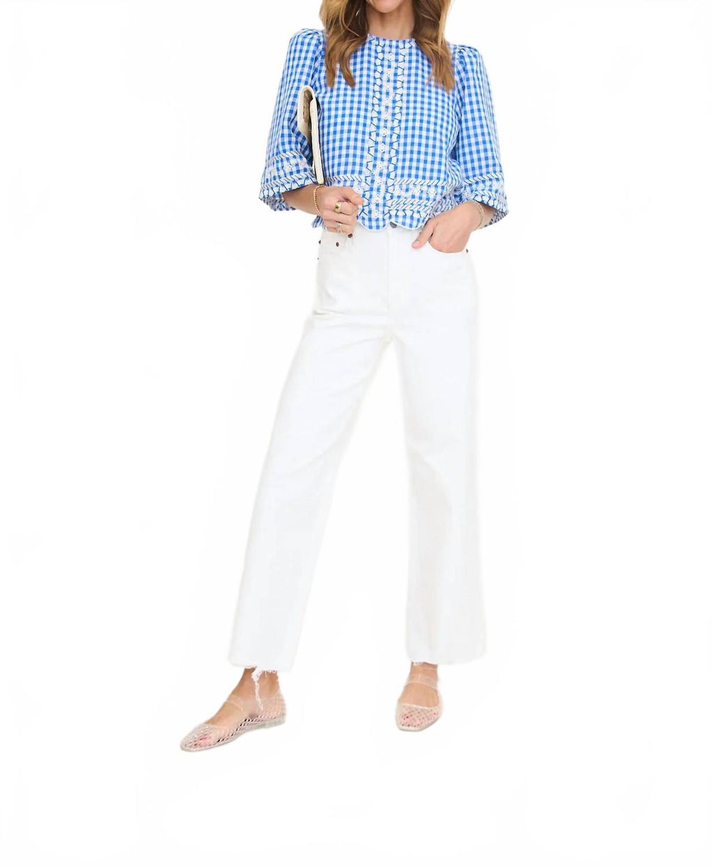 Short Sleeve Gingham Embroidery Detail Top In Blue