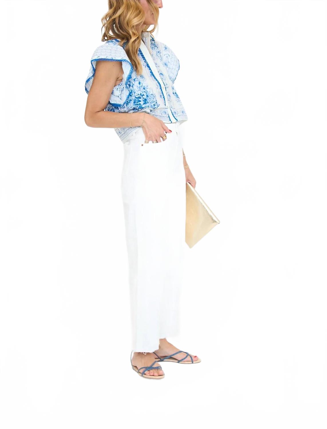 Whispy Ruffle Detail Top In Blue/ White