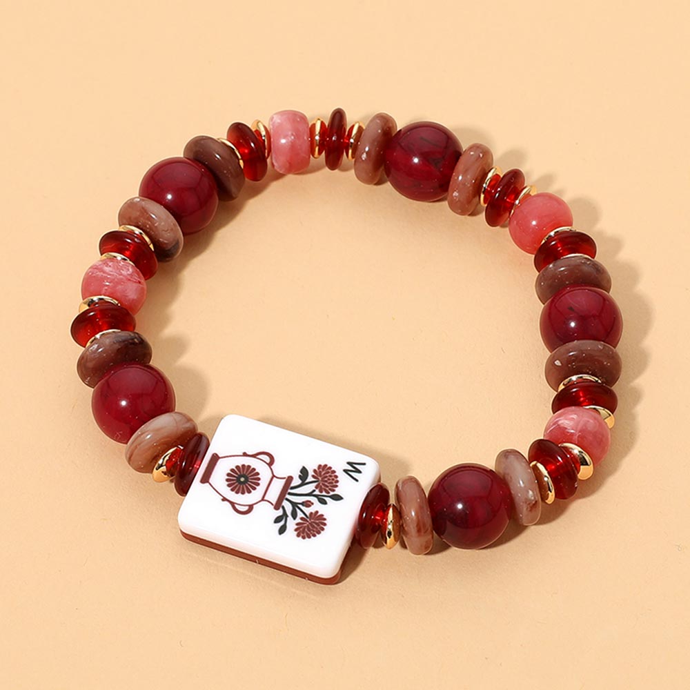 Mahjong Tile Charm Accent Beaded Stretch Bracelet