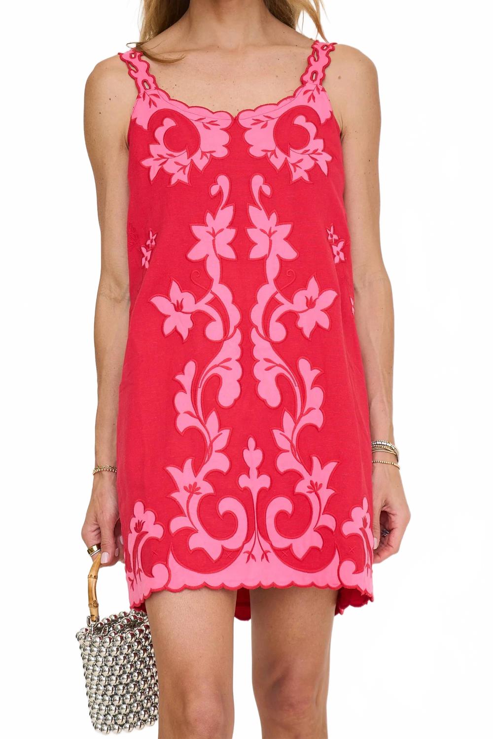 Embroidered Mini Shift Dress In Red/pink