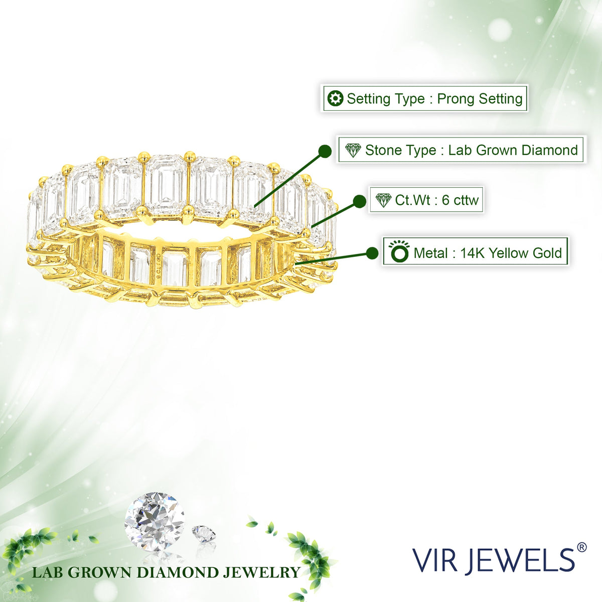 6 cttw Emerald Lab Grown Diamond Eternity Ring Wedding Band in 14K Yellow Gold For Women