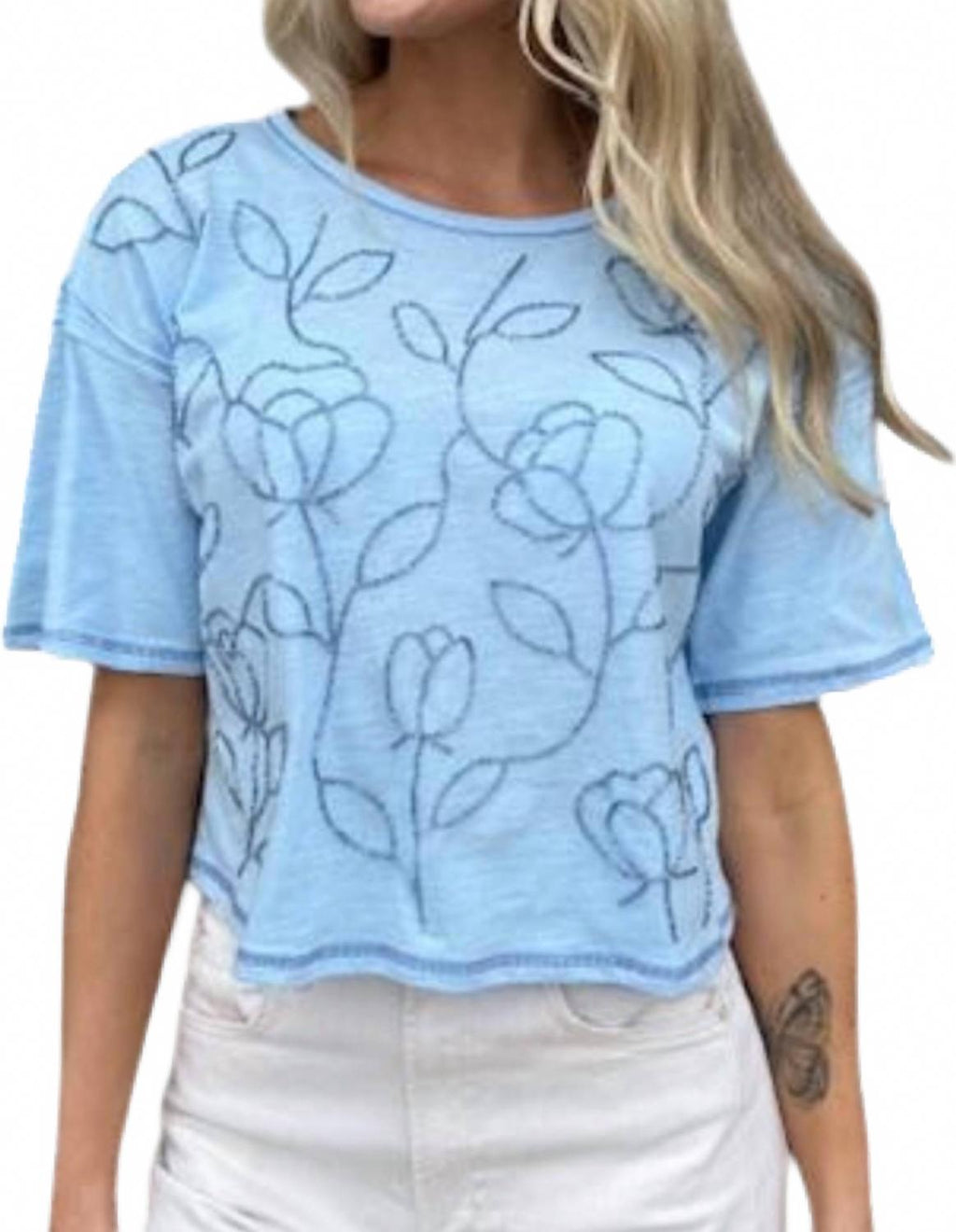 Beaded Floral Applique Slub Tee In Light Blue