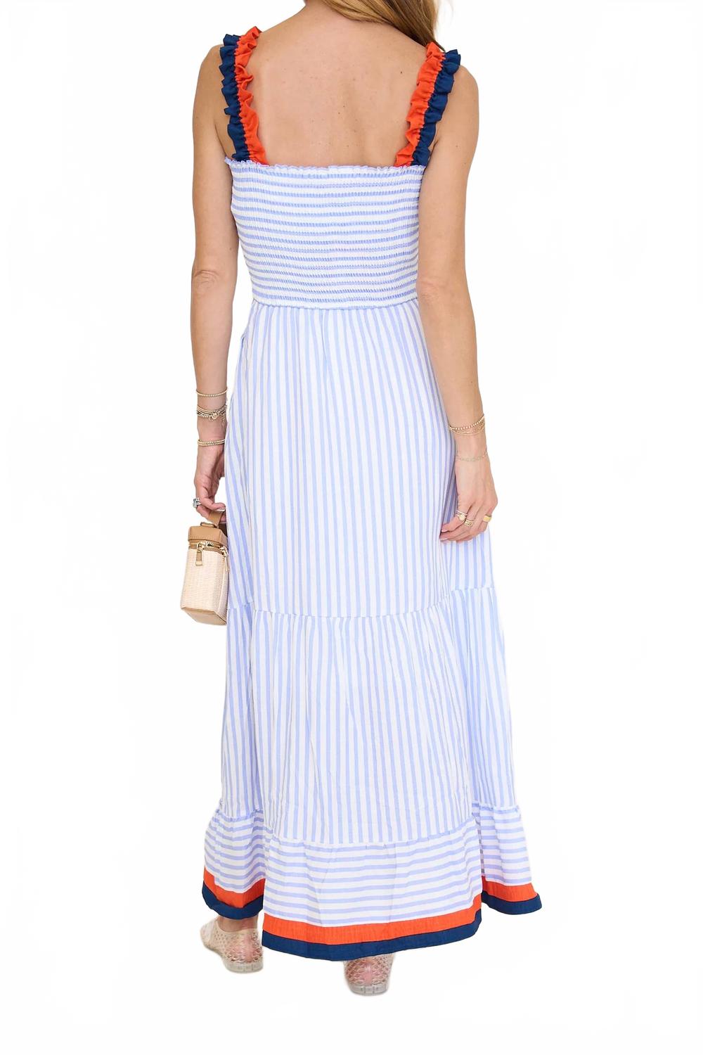 Ruffled Thin Strap Striped Tiered Midi Dress In Blue Multi