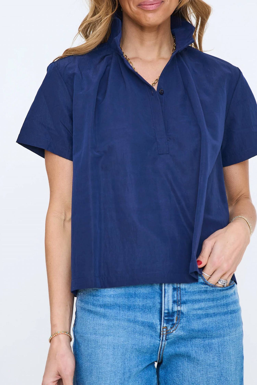 Stand Collar Short Sleeved Shirt In Navy