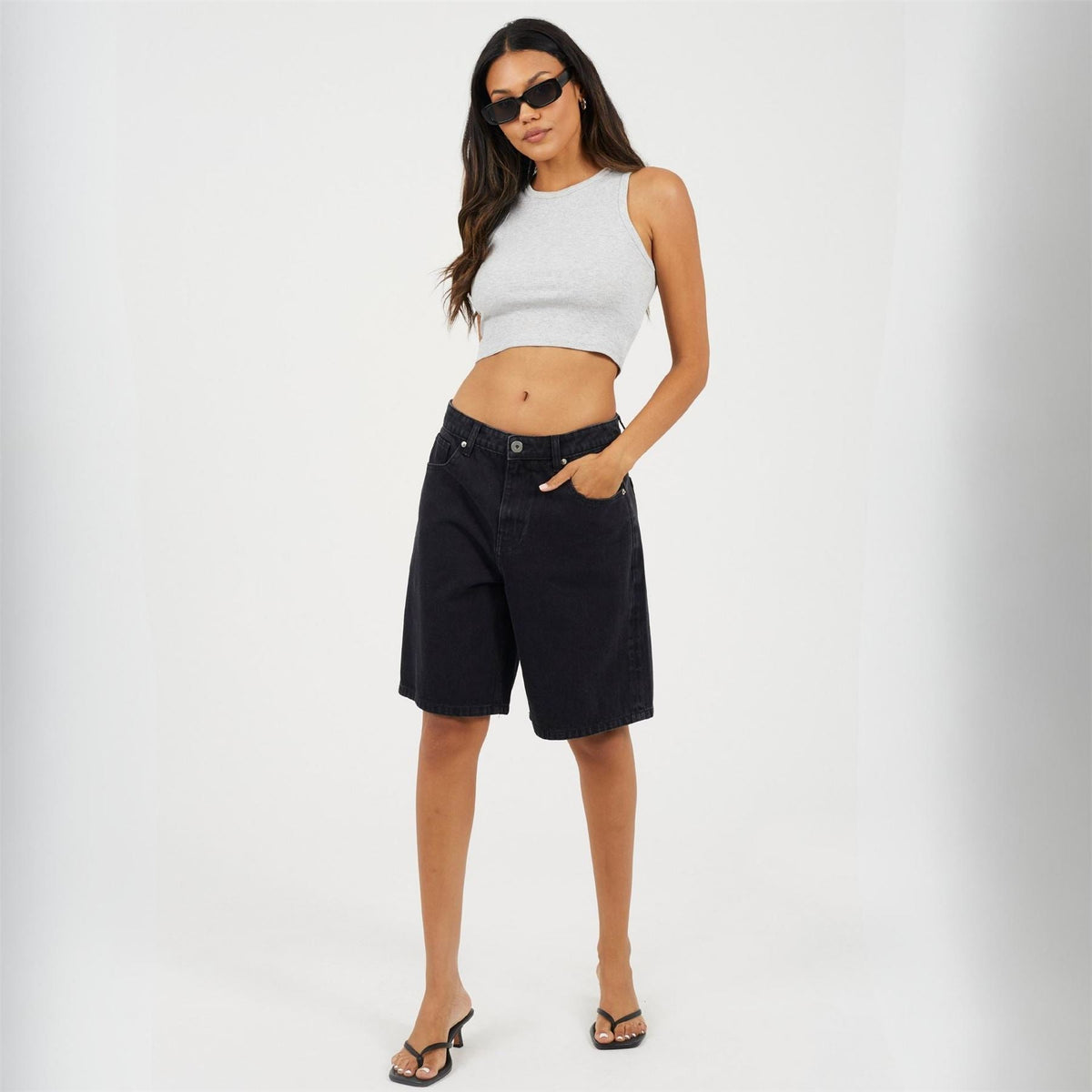 Brave Soul Womens Long Washed Black Denim Shorts
