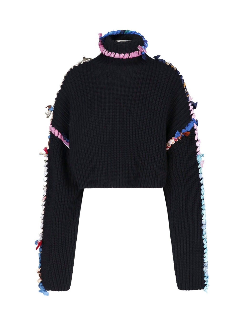 Black Wool-Viscose Ribbed Upcycled Silk Scarf Turtleneck Sweater