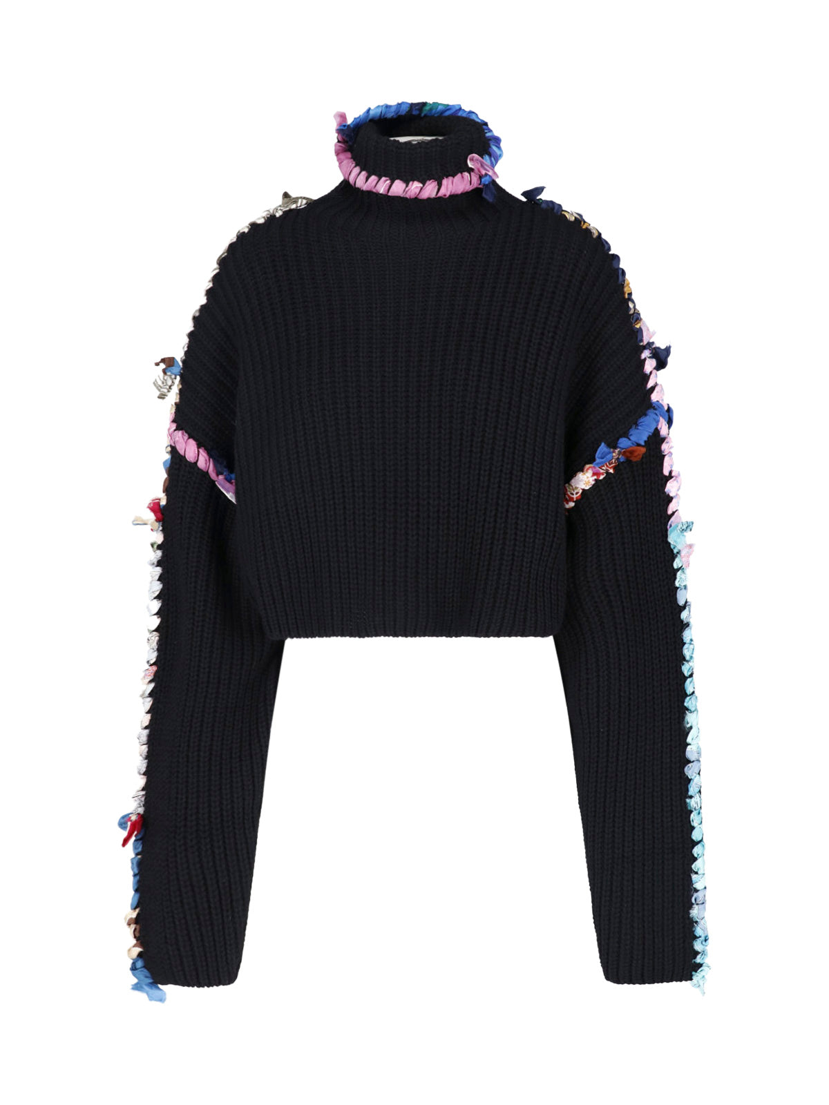 Black Wool-Viscose Ribbed Upcycled Silk Scarf Turtleneck Sweater