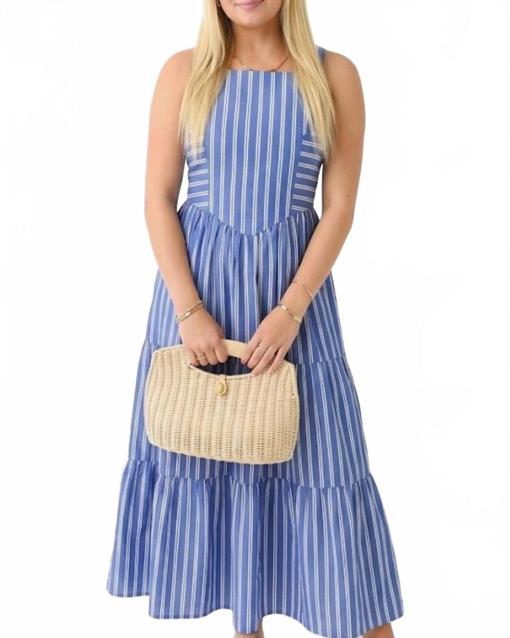 Striped Tiered Maxi Dress In Misty Blue