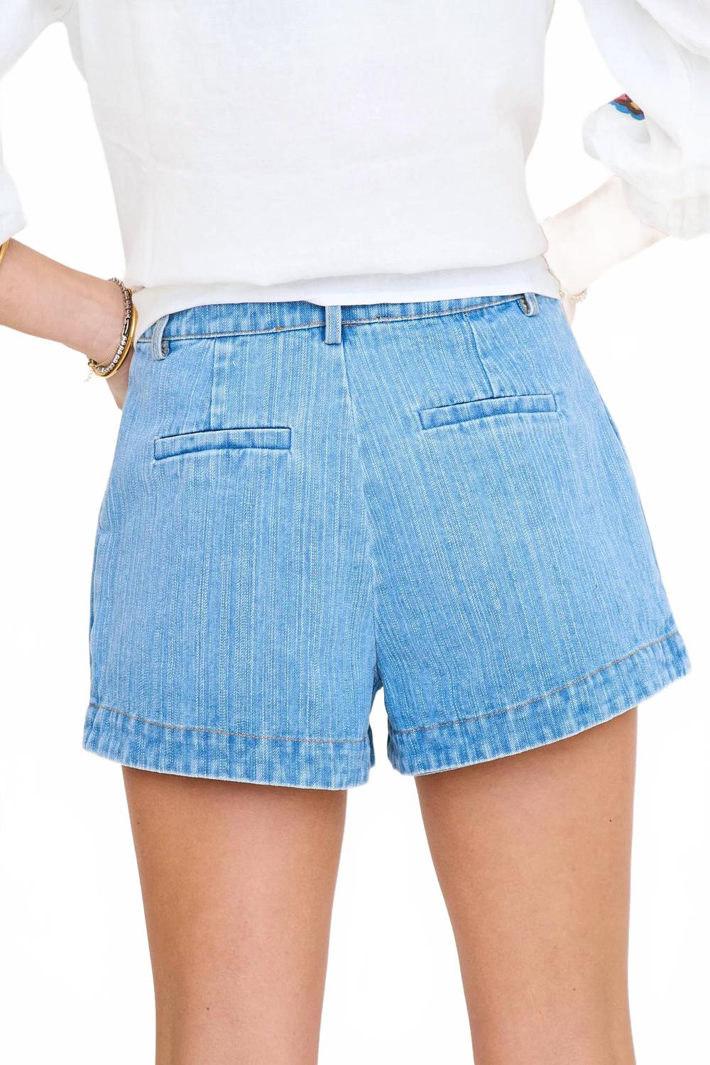 Pleated High Waist Denim Shorts In Blue