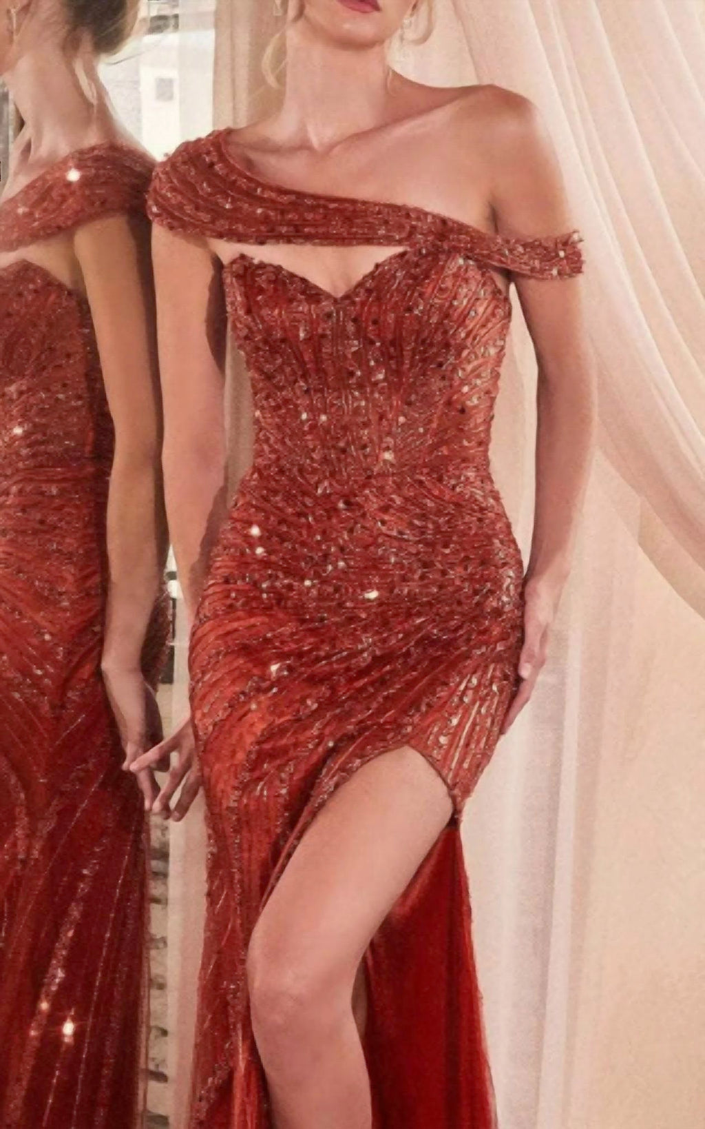 Sequined Strapless Prom Gown In Sienna