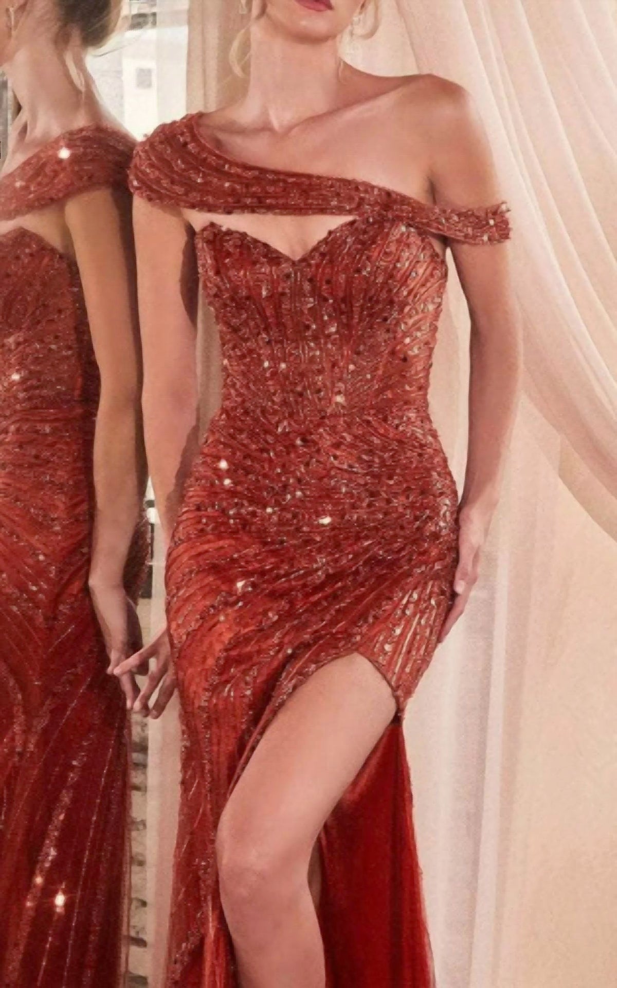 Sequined Strapless Prom Gown In Sienna
