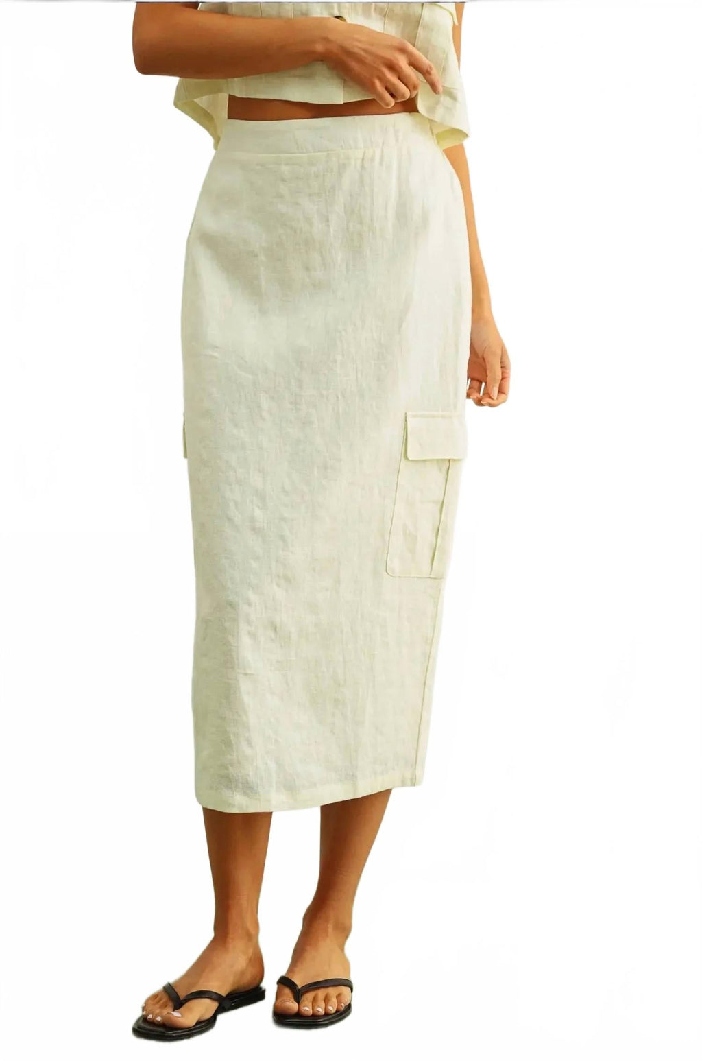 Linen Cargo Midi Skirt In Ivory