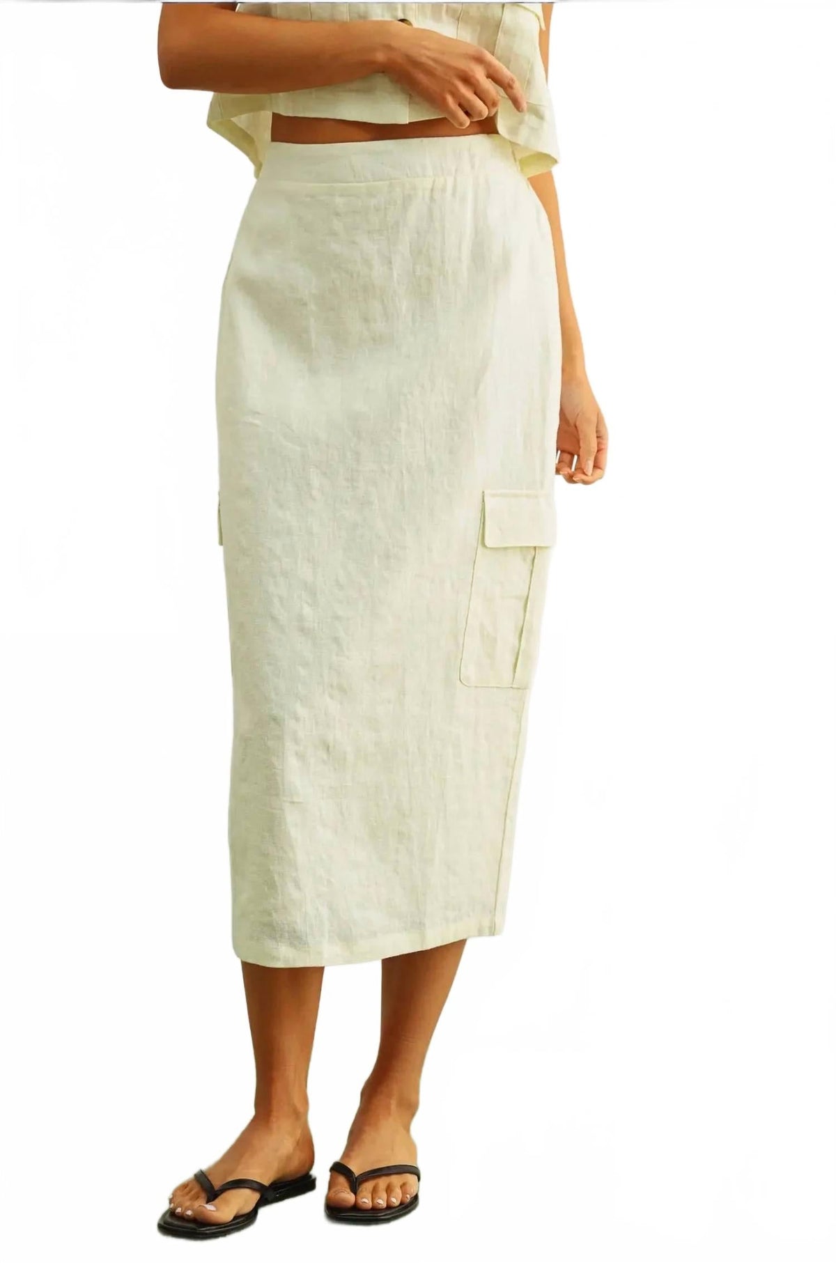 Linen Cargo Midi Skirt In Ivory