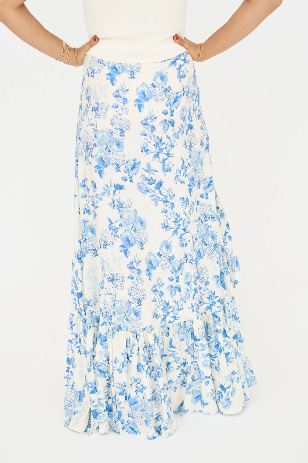 Jodie Ruffle Maxi Skirt In Blue/ White