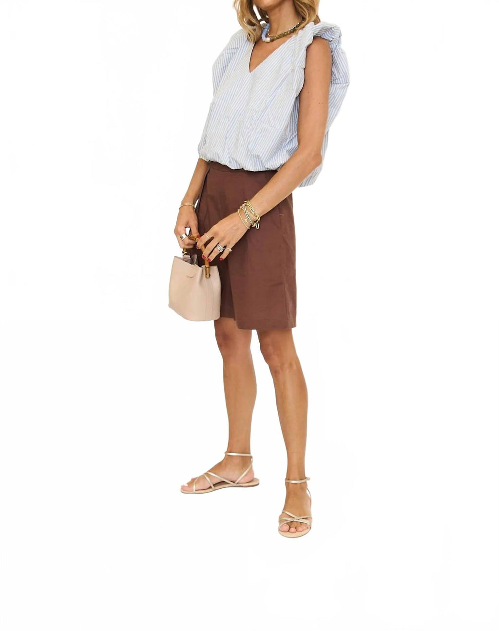 Poplin V-Neck Bubble Top In Earthy Blue Stripe