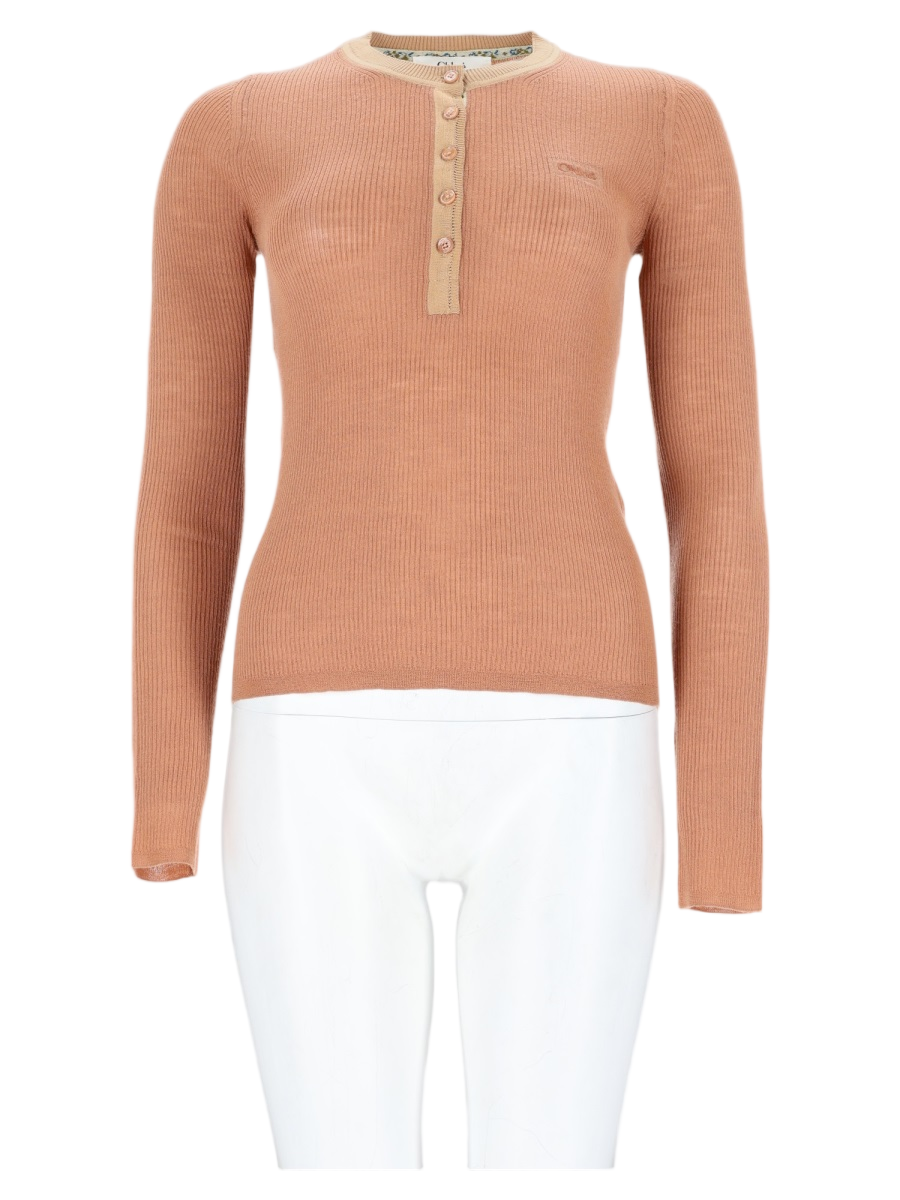 Pink Ribbed Knit Long-Sleeve Wool T-Shirt