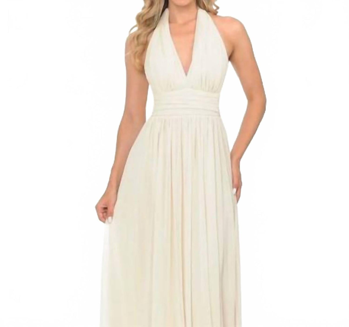 Ornate Plunging Halter A-Line Maxi Dress In Ivory