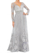 Sheer Sleeve A-Line Formal Gown In Platinum