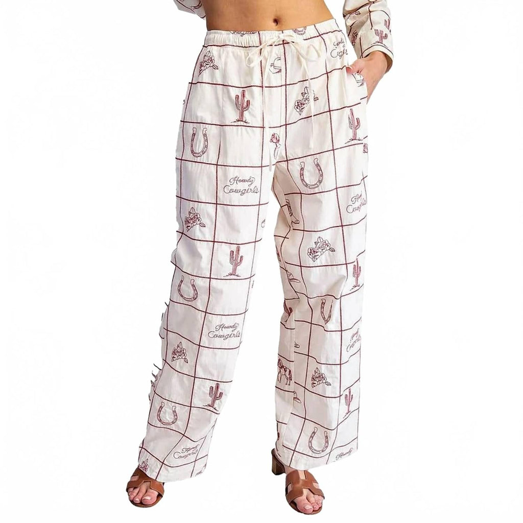 Western Grid Embroidered Pants In Cherry Wood Cream