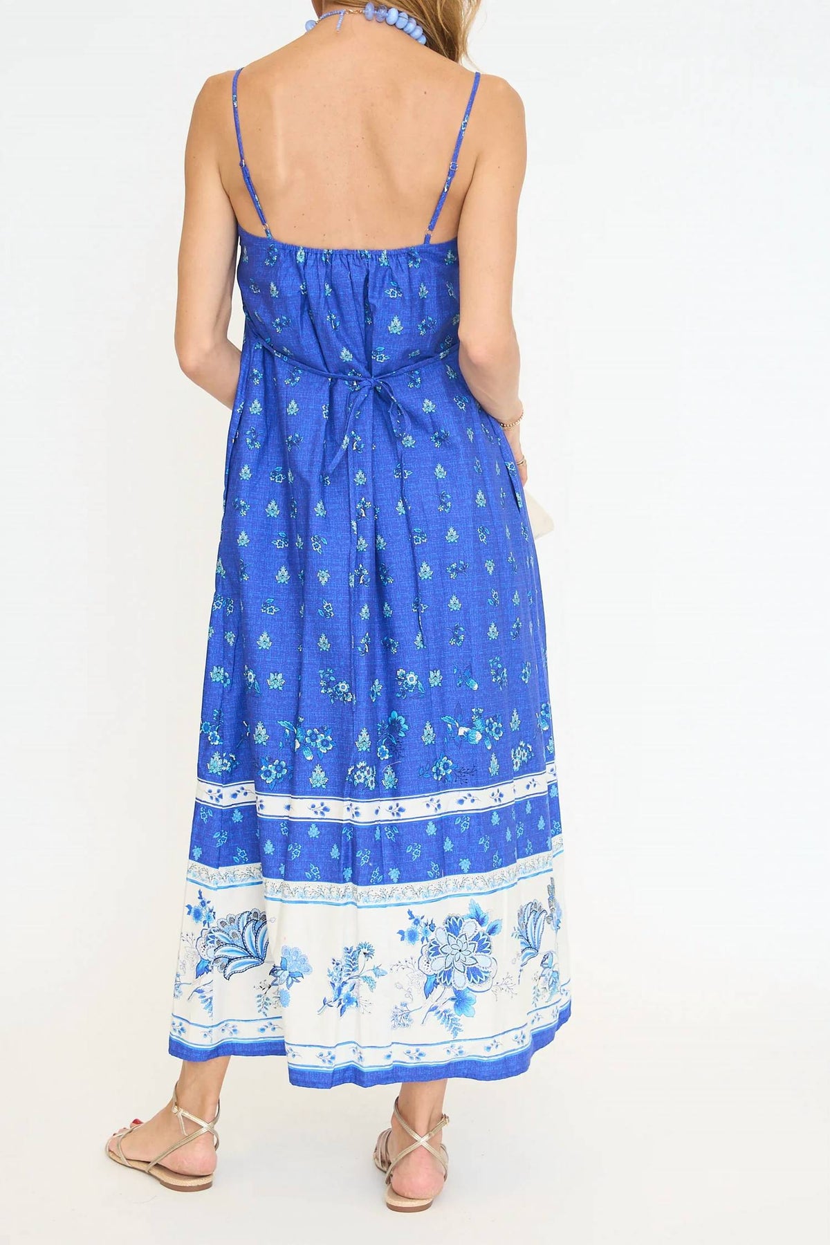 Pleated Floral Print Sleeveless Maxi Dress In Royal Blue/ White