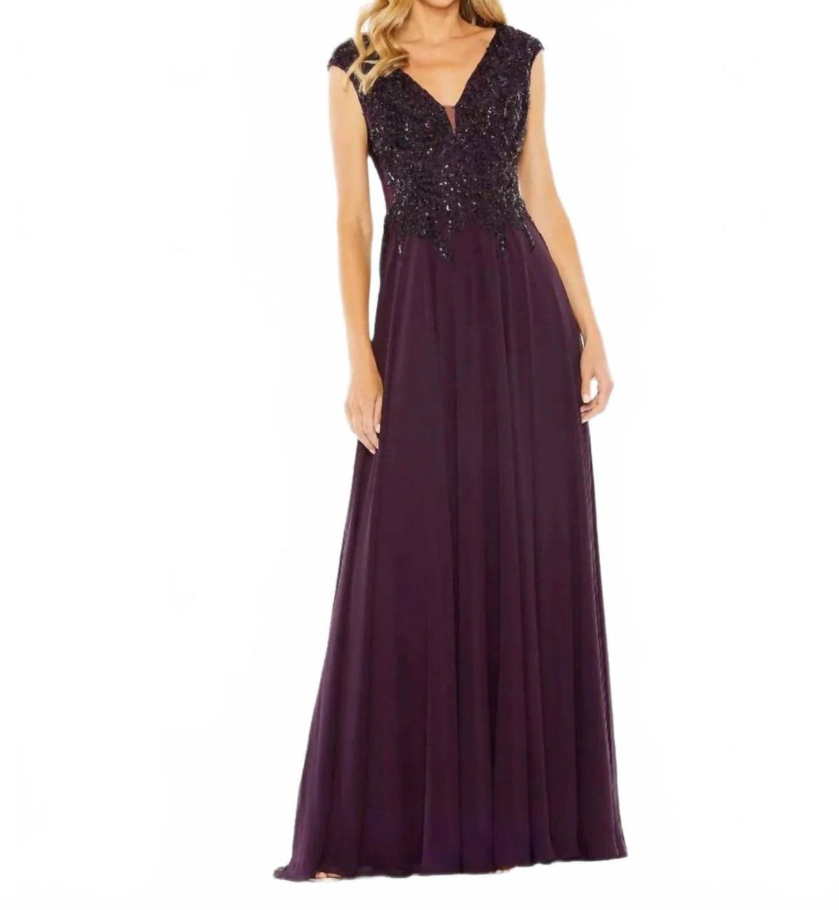 Cap Sleeve Applique Bodice Flowy Gown In Aubergine