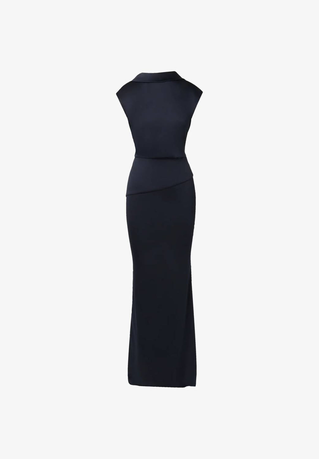 High-Neck Floor-Length Satin Formal Sheath Dress In Dark Navy