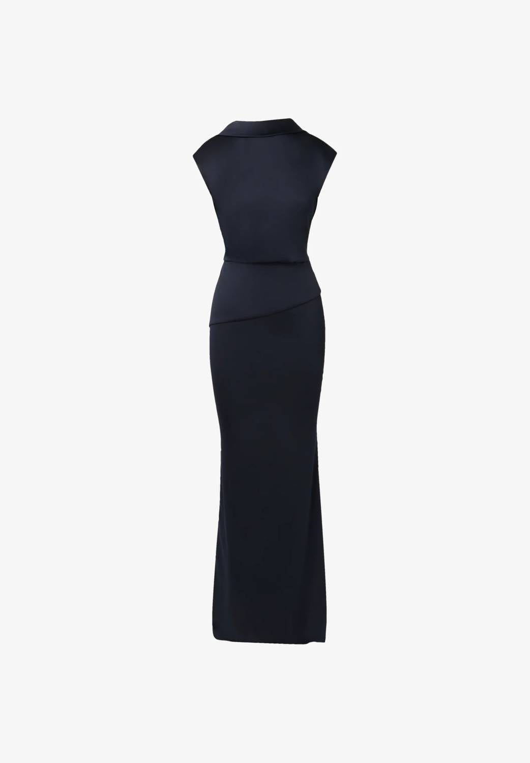 High-Neck Floor-Length Satin Formal Sheath Dress In Dark Navy