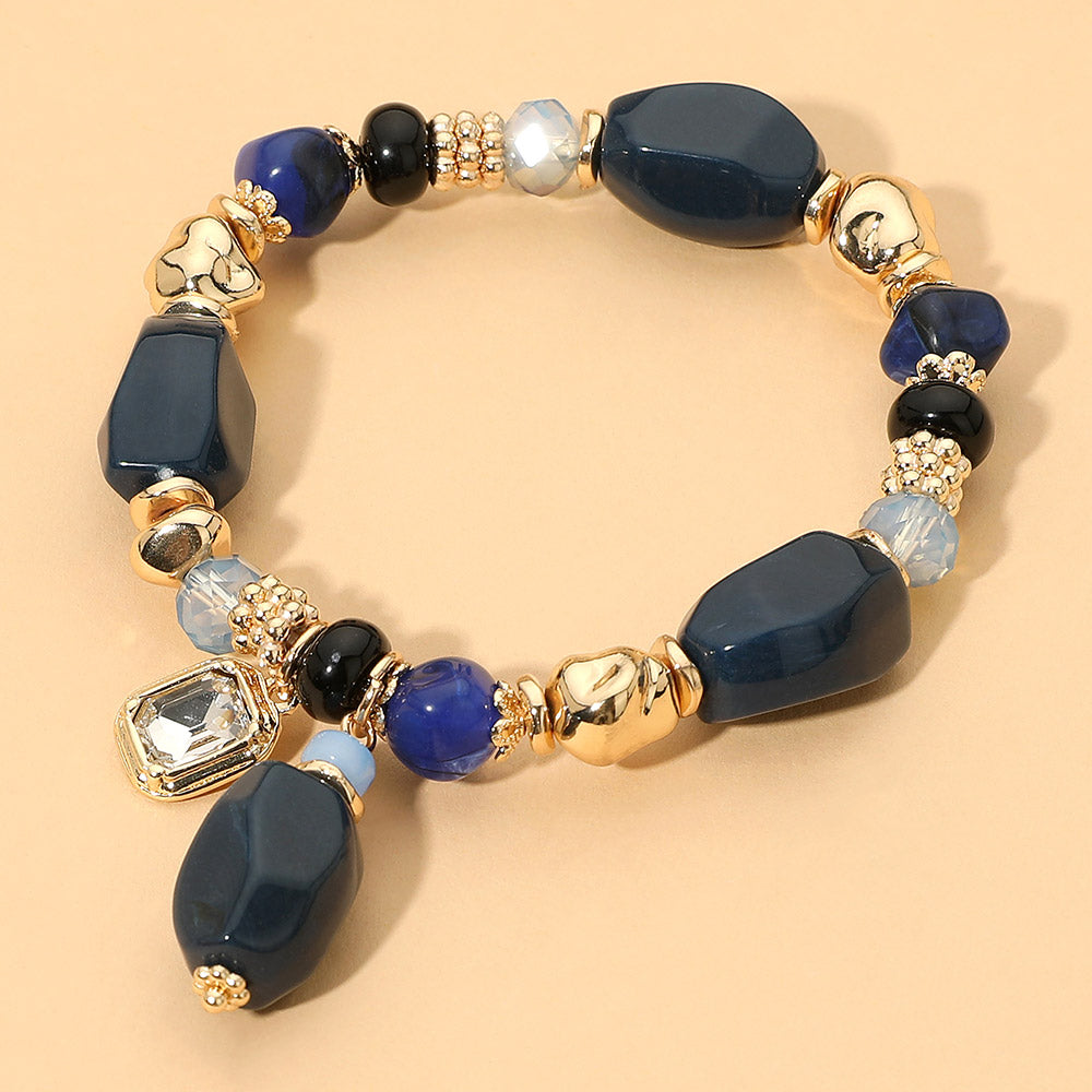Faceted Stone Charm Beaded Stretch Bracelet