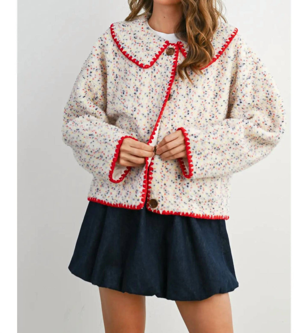 Buttoned Fleece Puffer Jacket In Ivory Multi