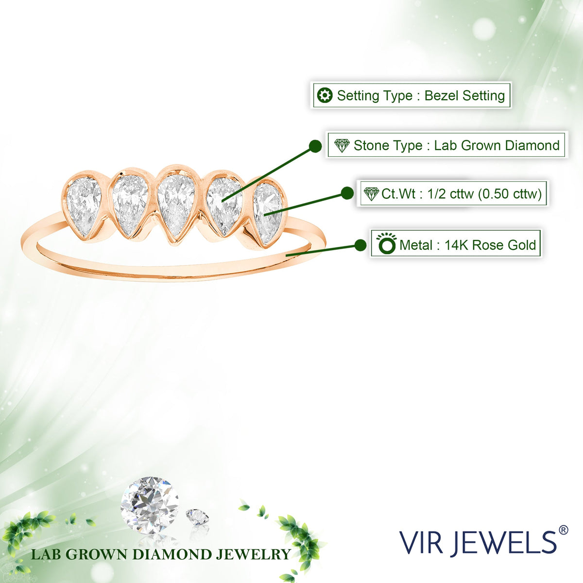 1/2 cttw Pear Lab Grown Diamond 5 Stone Engagement Ring in 14K Rose Gold For Women