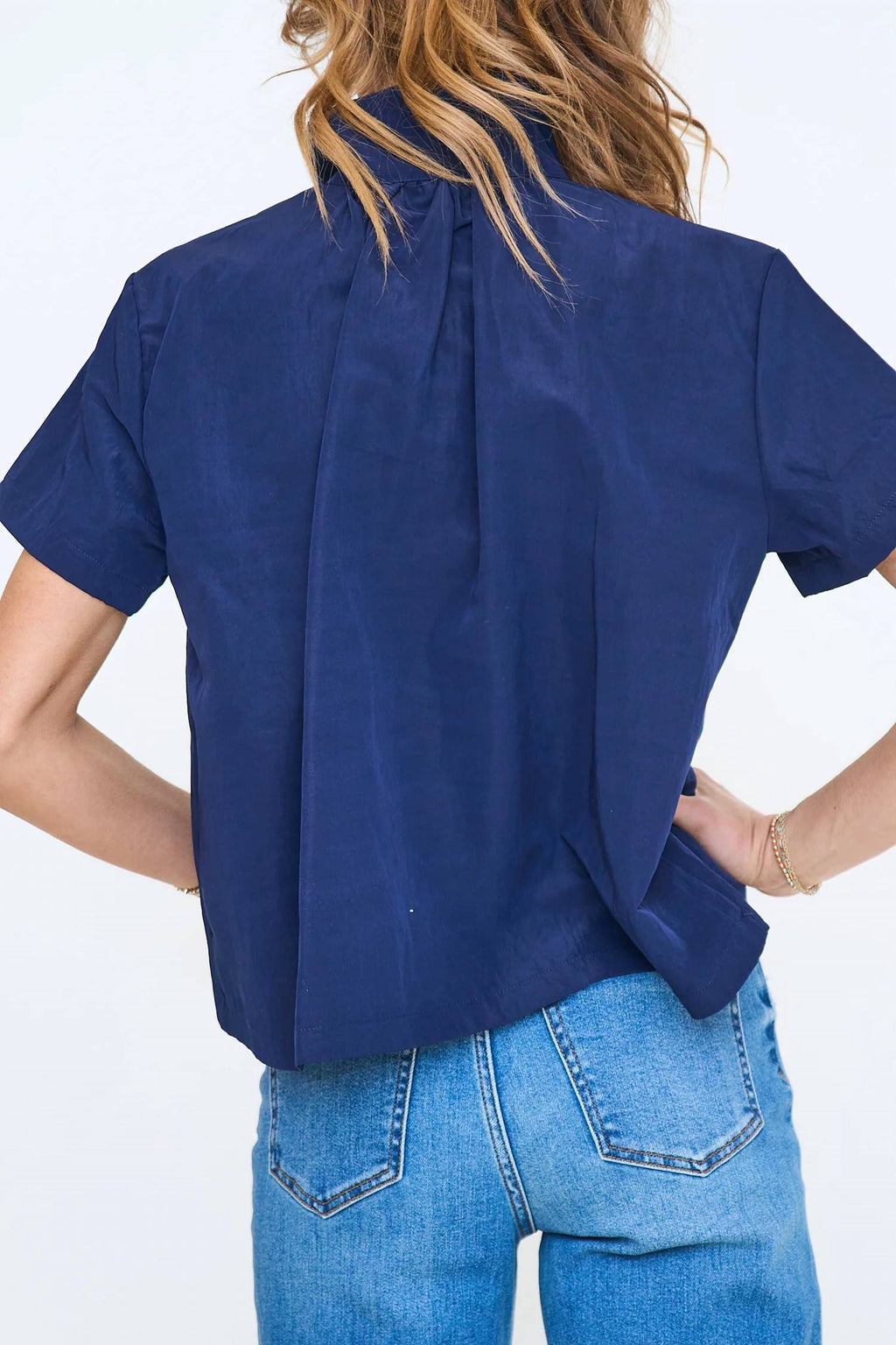 Stand Collar Short Sleeved Shirt In Navy